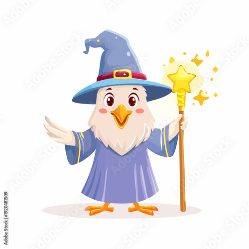 Adorable feathered wizard character conjuring a sense of wonder and enchantment with a glowing magic wand