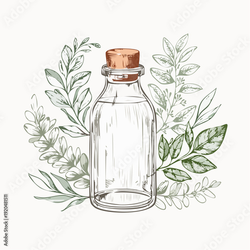 Botanical Essence in a Glass Bottle Surrounded by Lush Green Foliage, Capturing Natural Wellness and Herbal Beauty