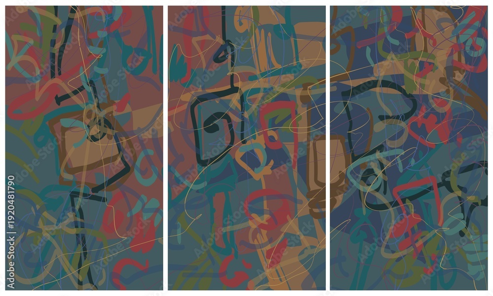 Obraz premium Modern interior triptych. The picture is painted by hand on a tablet.