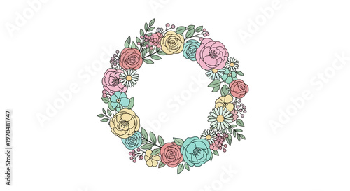 Colorful Floral Wreath with Pastel Flowers.