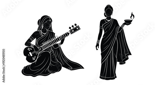 Two indian women depicted in a striking black and white silhouette one playing a sitar a beautiful silhouette high quality professional