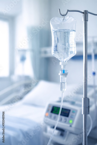 Intravenous IV Drip Bag with Saline Solution in Modern Hospital Room Close Up Medical Concept
