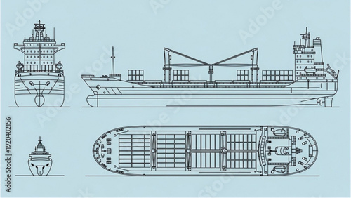 Detailed vehicle autocad blueprint of a cargo ship's technical drawings from various viewpoints