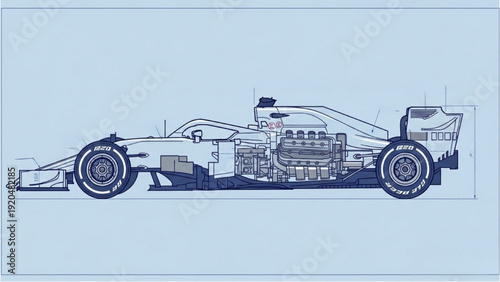 Detailed vehicle autocad blueprint of a racing car design in a technical drawing style from a side viewpoint