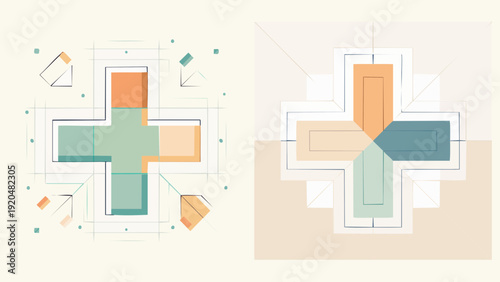 Abstract geometric design concept showcasing layered plus symbols with intricate lines, reflecting an innovative approach to visual structure and architectural planning