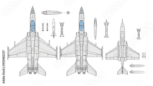 Detailed vehicle autocad blueprint of a fighter jet from multiple viewpoints showcasing various components and technical drawings