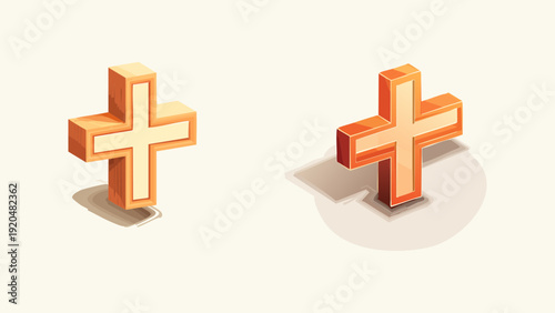 Vibrant 3D isometric orange plus signs with subtle shadows, symbolizing addition, creation, and positive user interactions for modern digital interfaces and web applications