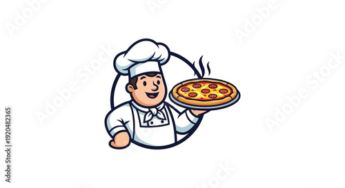 A cheerful cartoon chef presents a delicious pepperoni pizza on a silver platter showcasing a clean silhouette high quality professional detailed