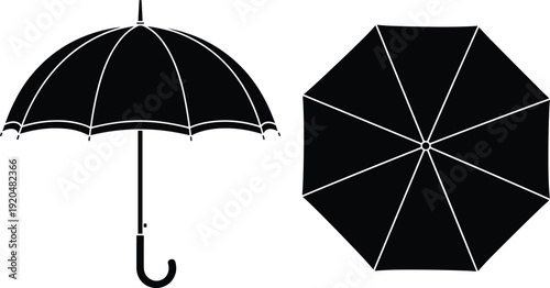 Open Black Umbrella Silhouette Set, Top and Side View Parasol, Minimalist Rain Protection Vector Illustration I