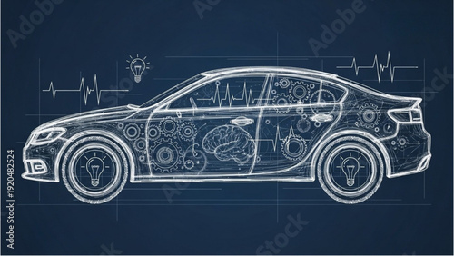 Detailed vehicle autocad blueprint illustration showcasing mechanical parts and electrical systems of a modern car from a side viewpoint