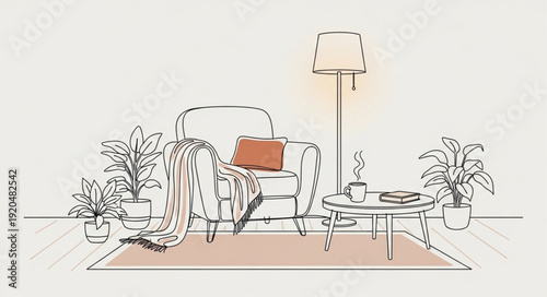 Cozy armchair with blanket and side table illustration.