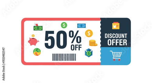 A vibrant discount coupon displaying a large 50 off offer adorned with financial icons a silhouette high quality professional detailed