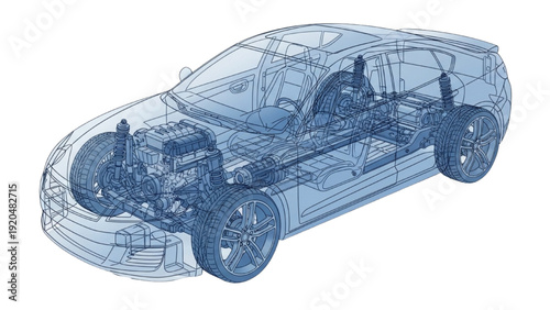 Detailed vehicle autocad blueprint diagram showing the car's internal mechanical structure from a 3D isometric viewpoint