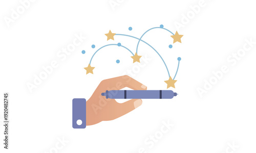 Hand Holding Digital Stylus Pen with Magic Stars Sparks Illustration