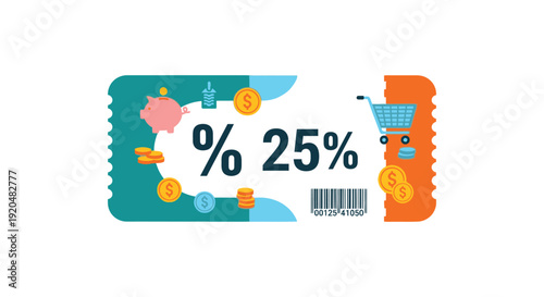 A colorful coupon design displaying a twenty five percent discount with related icons and a barcode silhouette high quality professional detailed modern