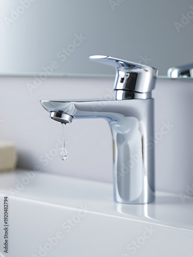 Modern bathroom faucet with a steady stream of water dripping