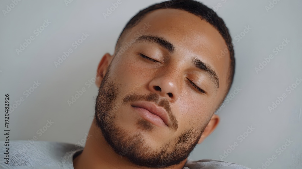 Obraz premium Close up of a man with closed eyes and a beard peacefully resting against a neutral backdrop suggesting deep sleep and serenity