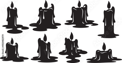 Black Candles Silhouettes with Melting Wax and Flames Burning