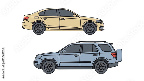 Detailed vehicle autocad blueprint of two SUVs in side view illustration