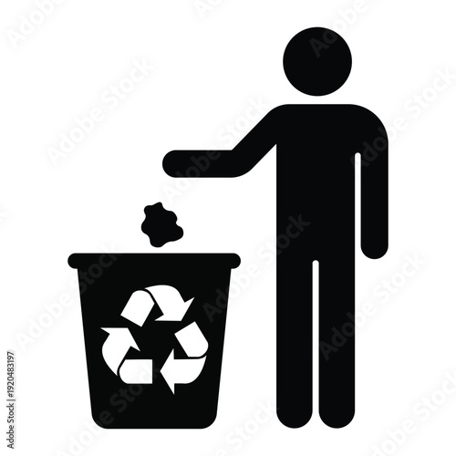 Eco-friendly black icon of a person putting waste into a bin with the recycling symbol. Ideal for sustainability and green energy projects.