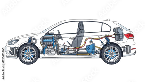 Detailed vehicle autocad blueprint illustration showcasing internal engine components and mechanical systems in a transparent view