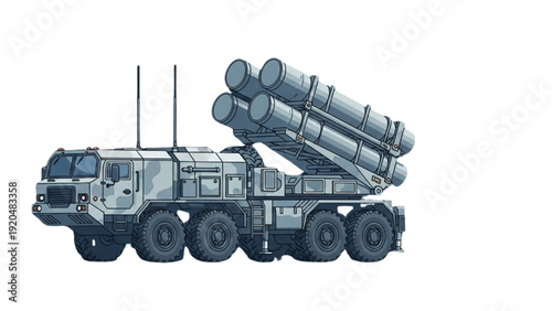 Detailed vehicle autocad blueprint illustration of a military truck launching missiles on a white background from a side viewpoint