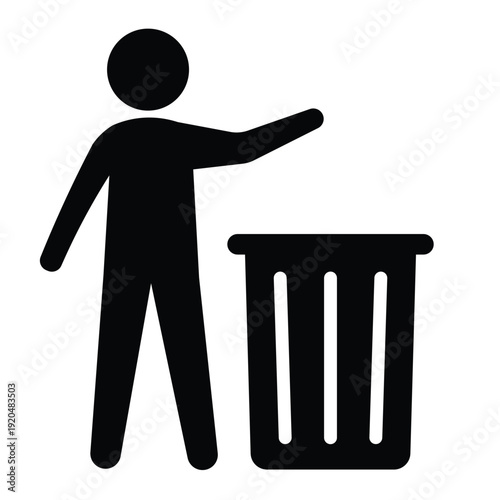 Black silhouette icon showing a person disposing of waste in a trash can with an open lid. Professional graphic for sanitation and housekeeping.