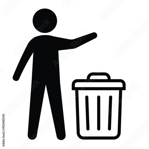 Black silhouette icon showing a person disposing of waste in a trash can with an open lid. Professional graphic for sanitation and housekeeping.
