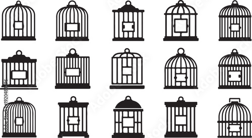 Various birdcage designs in black and white illustration style