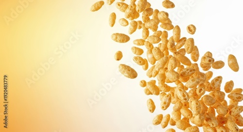 A dynamic scattering of light, golden puffed rice grains illustrating a satisfying, crispy food texture perfect for cereals and baking mixes, airy, dry, scattering
