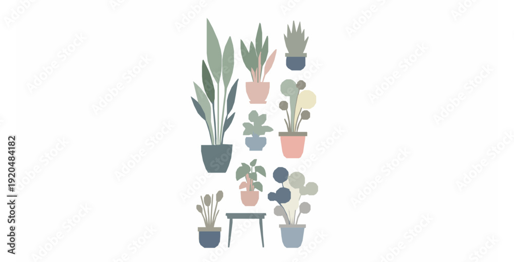 Fototapeta premium Minimal pastel indoor plants vector set in modern flower pots isolated on white
