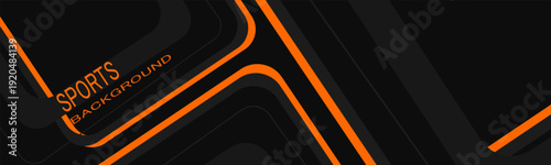 Black abstract wide horizontal banner with orange and gray lines, arrows and angles. Dark modern sporty bright futuristic horizontal abstract background.