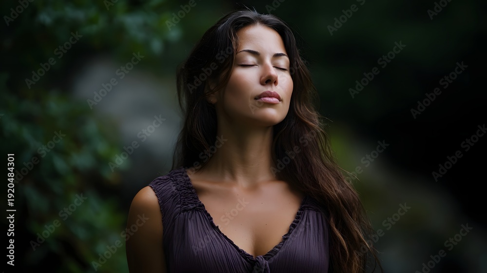 Naklejka premium A woman with closed eyes meditates serenely in a lush dark green forest bathed in soft ambient light