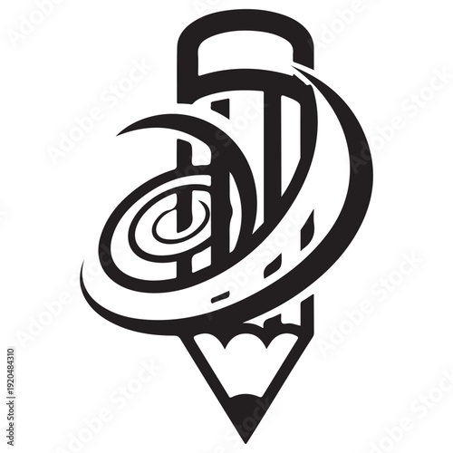 Minimalist black and white pencil icon with a dynamic spiral swirl representing creative flow and artistic inspiration for graphic design branding, educational logos, and writing concepts.