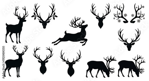 Collection of deer silhouettes in various poses and antler configurations, showcasing wildlife, nature, and animals in a graphic illustration