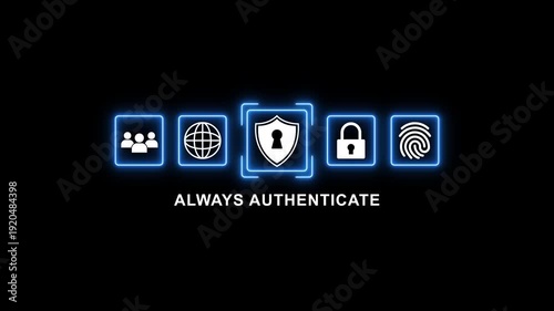 Cybersecurity authentication glowing blue on black background with always authenticate text