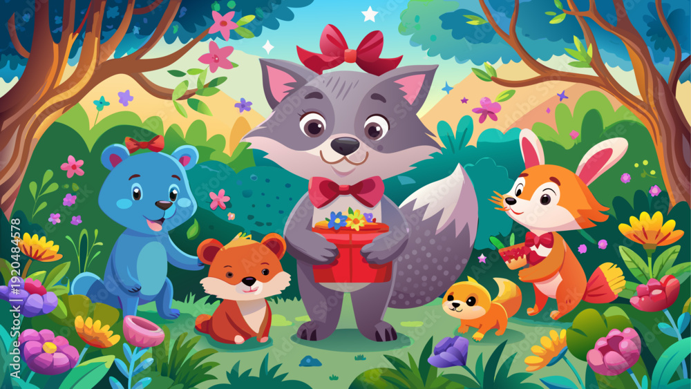 Fototapeta premium A vibrant and whimsical gathering of colorful forest creatures in a magical woodland setting
