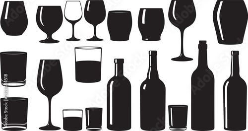 Collection of wine glasses and bottles in black silhouette
