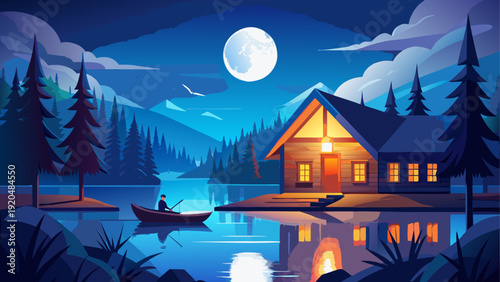 A serene winter night with a cozy cabin under a full moon and snow-covered trees