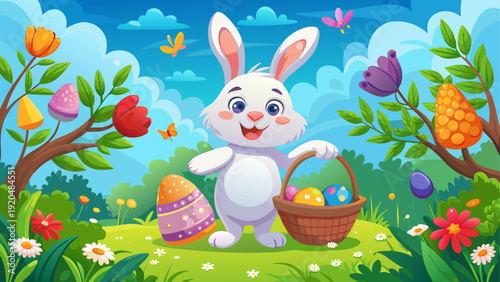 A vibrant and playful illustration of a bunny surrounded by colorful flowers and eggs.