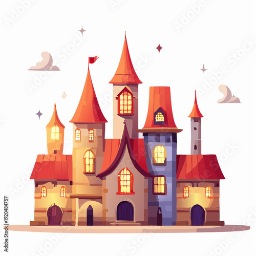 Enchanting Whimsical Fairy Tale Castle Illustration with Sparkling Details and Glowing Windows