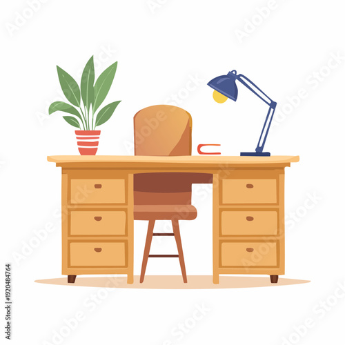 A minimalist desk setup with a chair, lamp, book, and plant, perfect for a home office