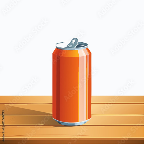 Orange soda can on a wooden surface with a white background