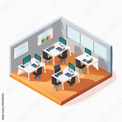 Modern office interior design with computers and desks in a business setting
