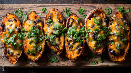 Delicious Baked Sweet Potato Halves Filled with Black Beans and Melted Cheese, Garnished with Fresh Cilantro