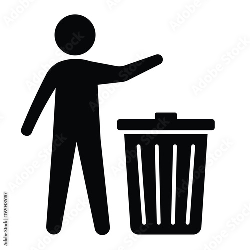 Black silhouette icon showing a person disposing of waste in a trash can with an open lid. Professional graphic for sanitation and housekeeping.