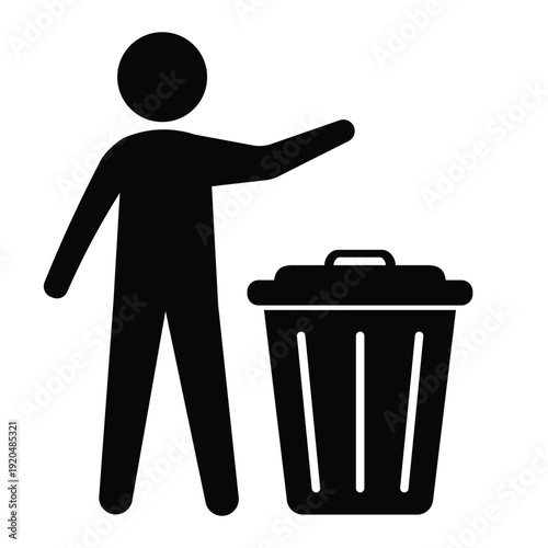 Black silhouette icon showing a person disposing of waste in a trash can with an open lid. Professional graphic for sanitation and housekeeping.
