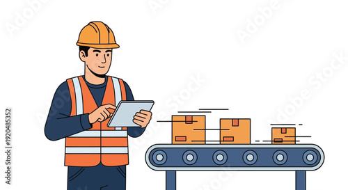A construction worker checks inventory on a tablet near a conveyor belt with packages a flat silhouette high quality professional detailed