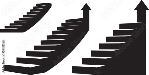 Staircases with arrows pointing upwards in black and white