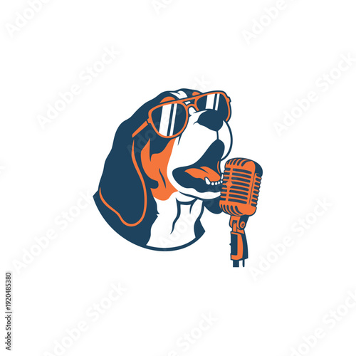 A cool beagle dog wearing sunglasses sings confidently into a vintage style microphone creating a lively scene